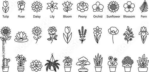 Set of botanical flower icons and potted houseplant line art vector collection for gardening nature and floral design