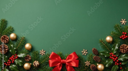 Christmas background with festive pine branches and red bow on green