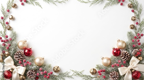 Festive christmas border with red ornaments and pine cones on white