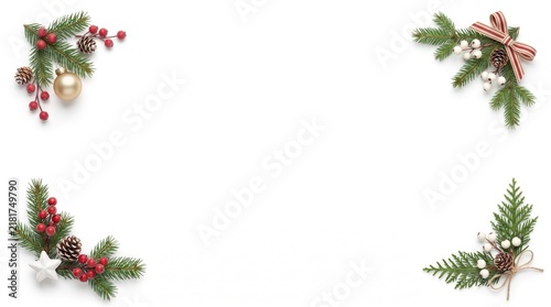 Christmas festive holiday frame made of evergreen branches and red berries