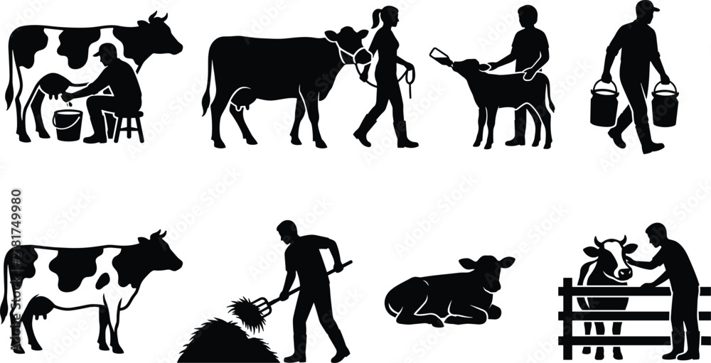 Fototapeta premium Dairy Farming and Cattle Breeding Silhouettes Set for Agriculture, Livestock, and Milk Production Designs