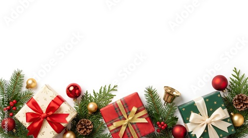 Christmas gift boxes and festive ornaments on a white background border