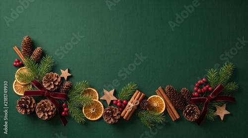 Festive christmas border with dried orange slices cinnamon sticks and spices