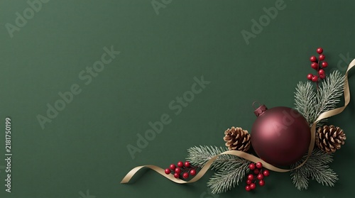 Elegant christmas decoration with red bauble and pine cones on green background