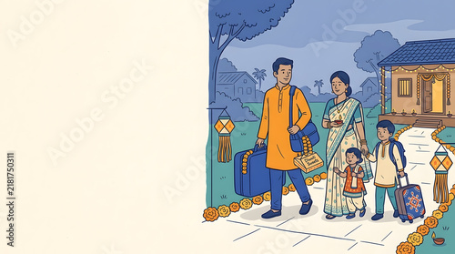 Doodle illustration of a family journey home for Diwali