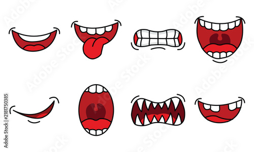 Foto Cartoon mouths vector set, funny expressions, smiles with teeth, tongue sticking