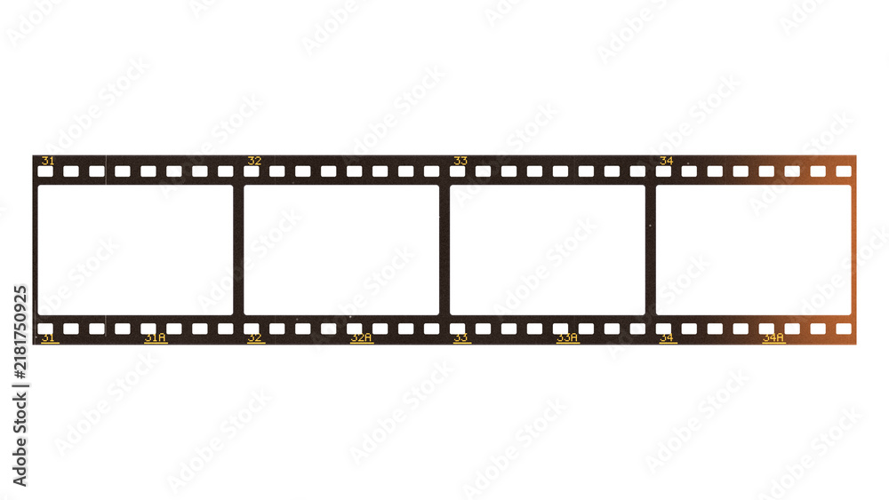 Fototapeta premium 35mm film strip with a warm orange light leak at one end on a transparent background