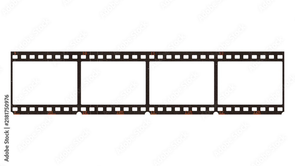Fototapeta premium Scratched and dusty 35mm film strip with blank frames on a transparent background