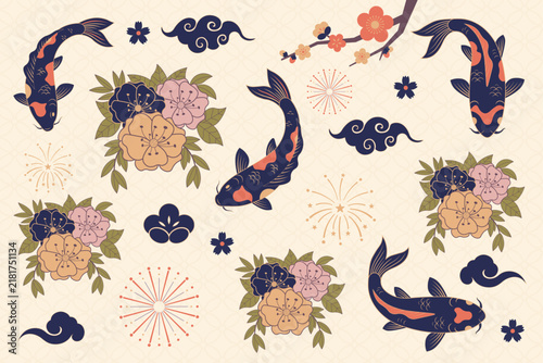 Japanese Koi Fish and Peony Floral Vector Set with Traditional Sakura Clouds and Decorative Elements