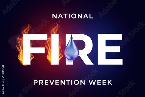 National fire prevention week poster with fire flames and water drop typography design