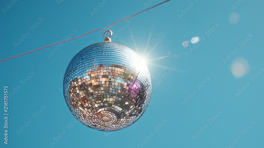 Obraz premium Sparkling silver disco ball hanging against blue sky, reflective mirror ball with sun flare, retro party decoration for summer events