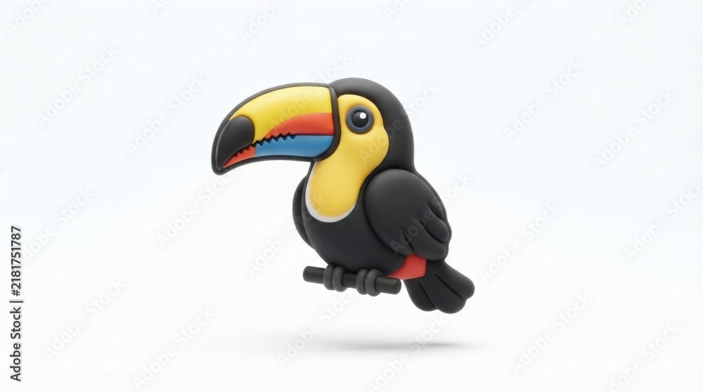 Obraz premium Cute ceramic toucan bird perched on branch 3D illustration for wildlife and tropical themes
