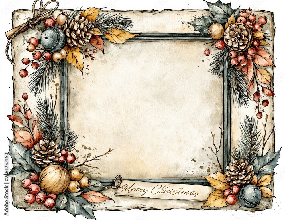 Fototapeta premium Rustic Vintage Christmas Frame Decorated with Pine Cones, Holly, Red Berries and Woodland Foliage Around Blank Parchment for Seasonal Greetings and Holiday Invitations