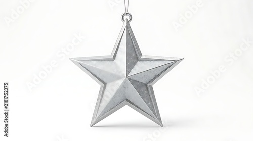Shiny Silver Christmas Star Ornament 3D Render Isolated on White Background Metallic Festive Holiday Decoration Bauble for Xmas Tree Design and Winter Greeting Cards