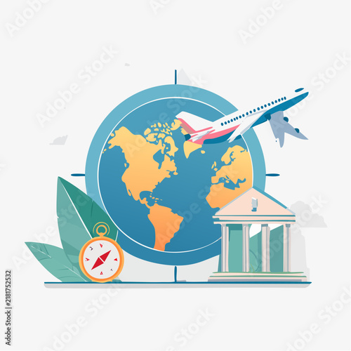 Airplane Flying Around Globe Compass and Classic Building Icon