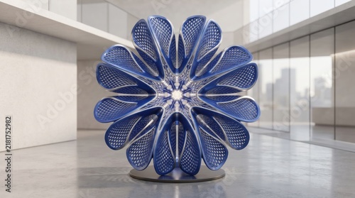 Beautiful blue flower metallic sculpture art isolated on white background