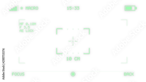 Macro mode camera viewfinder overlay with close focus frame and distance readout on a transparent background