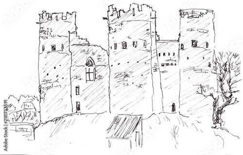 ruins of a medieval castle with three towers in france in Bourbon l'Archanbo 