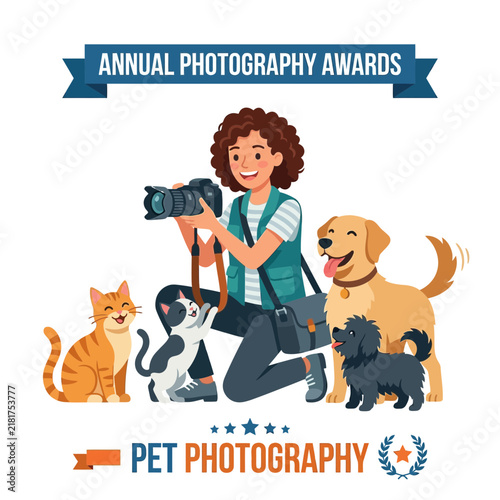 Woman photographer capturing images of cats and dogs for pet contest