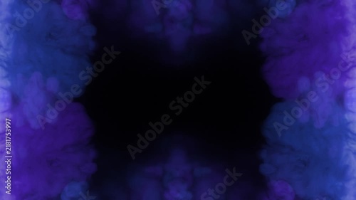 Cloud Intersection Blue and Purple 4K features puffs of blue and purple smoke coming on screen from all four corners and coming together to make an abstract design and fading to white in a loop.