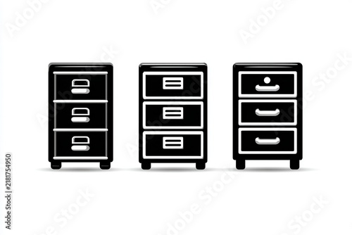 Three black filing cabinets with white trim on white background