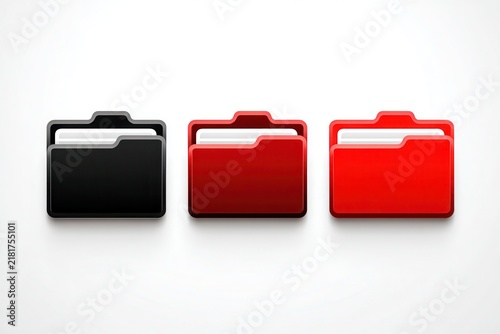 Three file folders black and red on white background