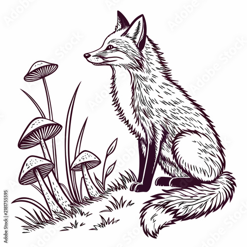 Foto Graphic illustration of a curious fox sitting among wild mushrooms in nature wit