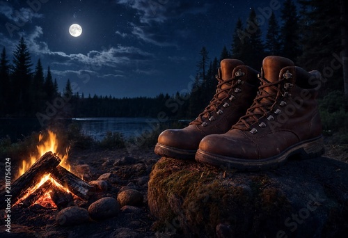 Brown leather hiking boots resting on mossy rock near campfire at night with full moon over forest lake