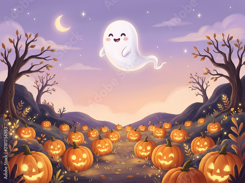 A cute little ghost floats above a magical field filled with glowing orange jack o lanterns at night under a crescent moon with purple sky during the autumn season festival for holiday