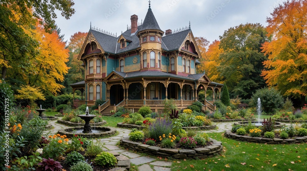 Fototapeta premium Opulent Victorian mansion with vibrant fall foliage surrounds its manicured garden. Intricate architecture features turrets and porches, complemented by blooming flowers and water fountains.