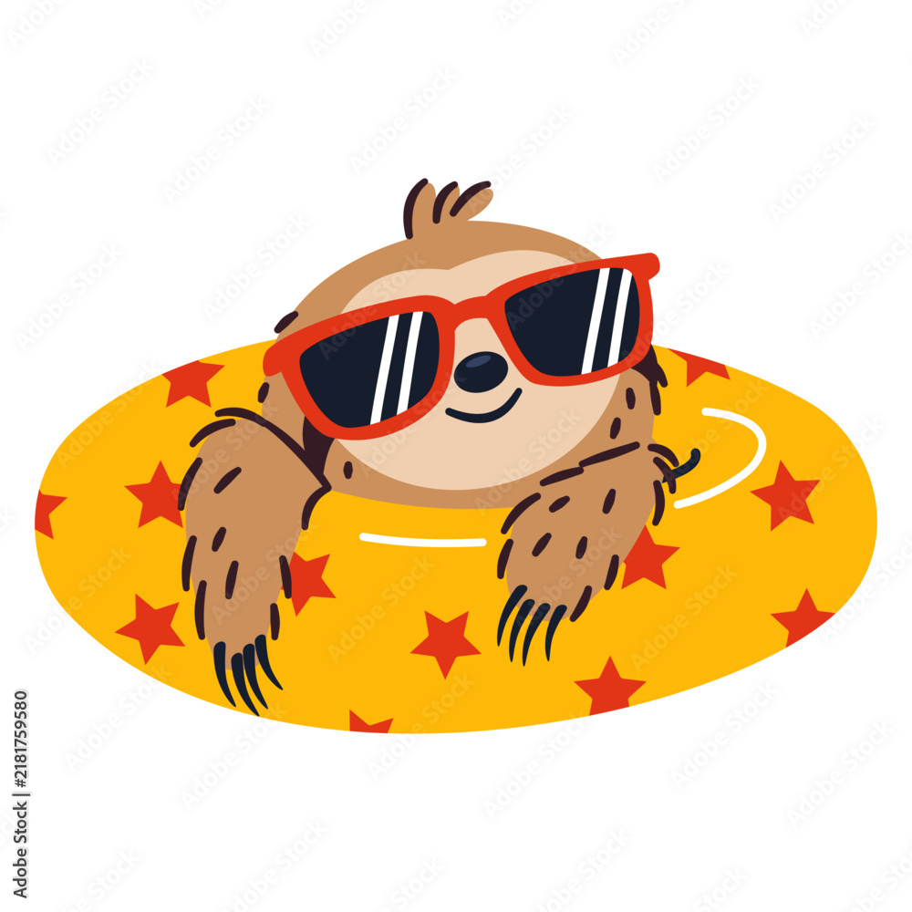 Fototapeta premium Cute flat vector illustration of a sloth relaxing in a sunny pool, wearing red sunglasses and enjoying a fun summer vacation. Cheerful colorful design for stickers, childrens products and seasonal pr