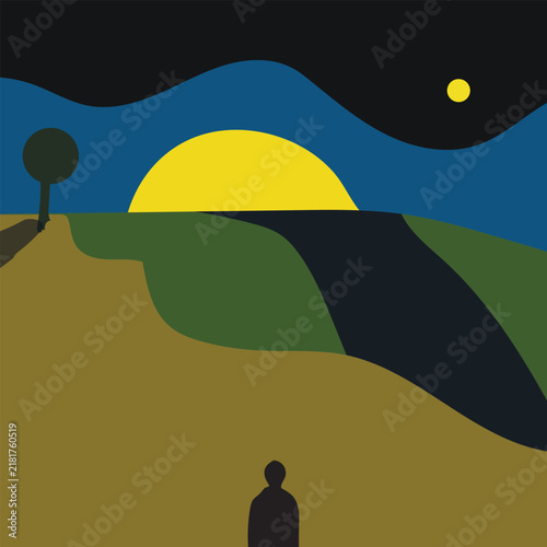 Картината върху платно Person Standing on a Hill Looking at a Landscape Minimalist Illustration