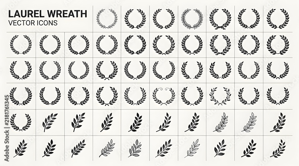 Fototapeta premium Laurel Wreath and Branch Collection in Black on Beige Background, Classic Victory and Honor Symbols for Award Badge and Logo Design