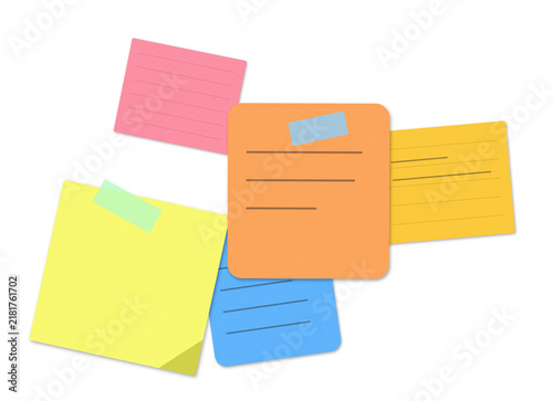 Fotografie Colorful sticky notes with handwritten lines and adhesive tape pieces grouped to