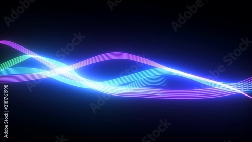 Neon glowing light waves abstract background. Colorful luminous ribbons flowing in dark space. Vibrant digital energy lines for technology presentations and futuristic design.