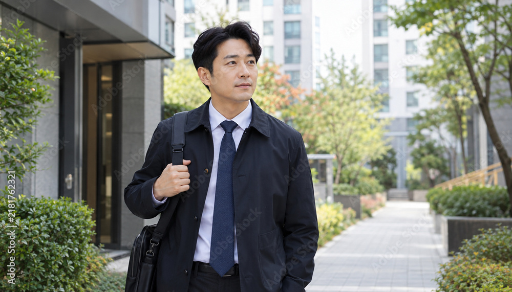 Fototapeta premium A young professional man in business attire carrying a shoulder bag while walking along a modern urban office district.
