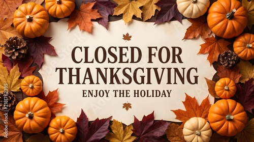 Festive thanksgiving announcement with pumpkins and autumn leaves background