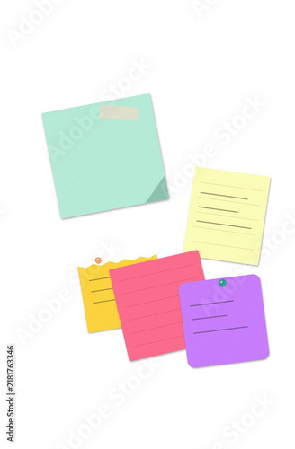 Fotografie Colorful sticky notes with handwritten text and push pins arranged in a group fo