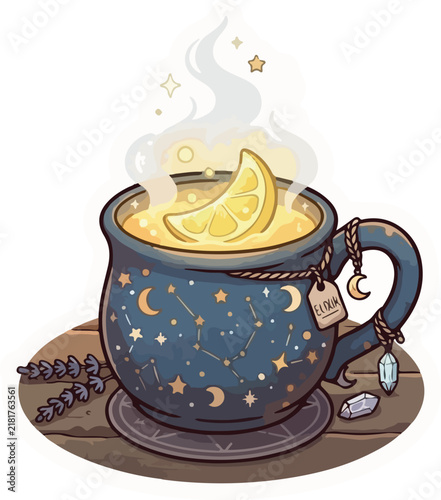 Cute mug with latte art and tea tag