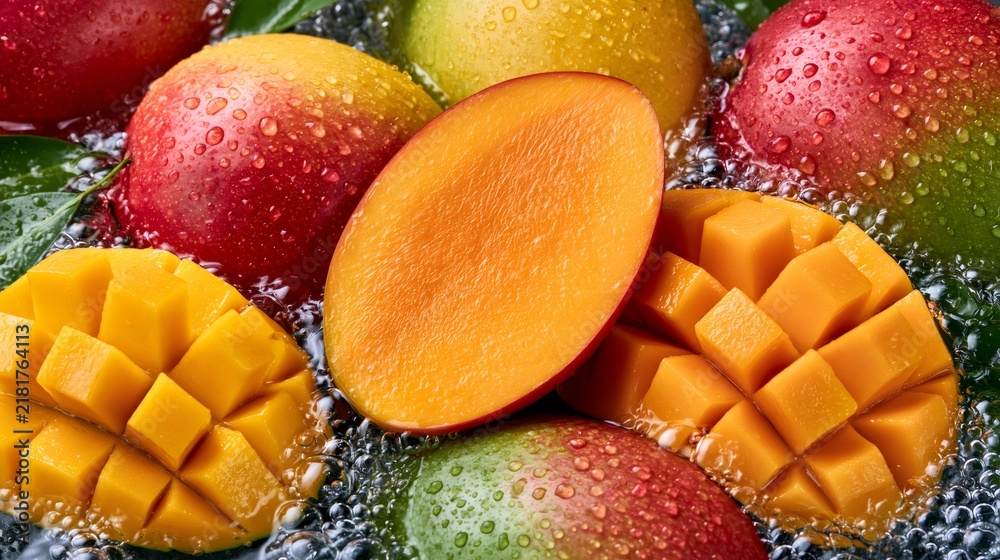 Obraz premium Fresh organic mangoes splashing in cool water with bubbles