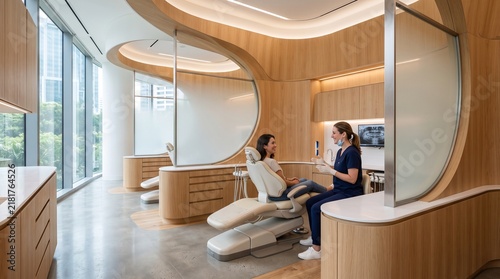 Premium architectural photograph of an innovative modern dental clinic with sculptural curves, natural wood, glass partitions, advanced technology and a welcoming minimalist interior