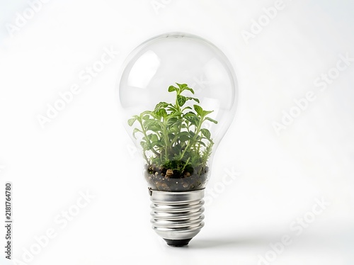 Green plant growing inside light bulb isolated on white background
