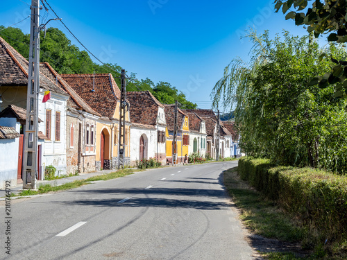 Colorful houses in rural village of Richis in Romania