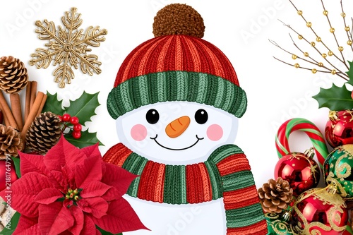 Snowman with Christmas decorations on white background