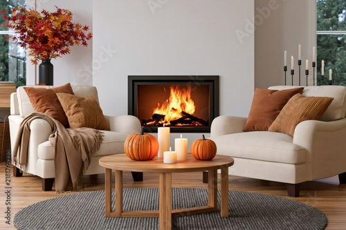 Cozy living room with autumn decor and fireplace