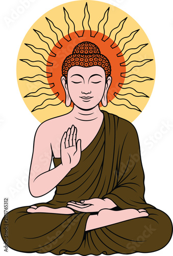 Buddha Meditating with Radiant Sun Aura Line Art