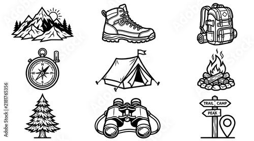 Camping and outdoor adventure line icons for mountain travel with line art