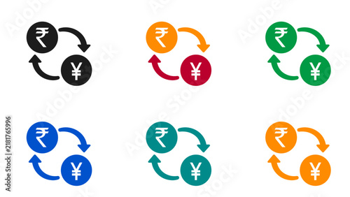 Rupee Yen Currency Exchange Icon Set with Circular Arrows