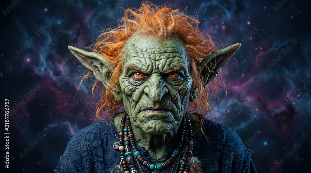 Obraz premium Portrait of an Ancient Green Fantasy Goblin with Radiant Red Hair