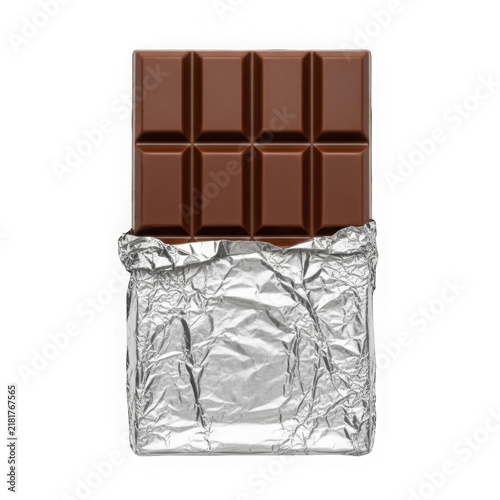 Chocolate bar wrapped in silver foil isolated